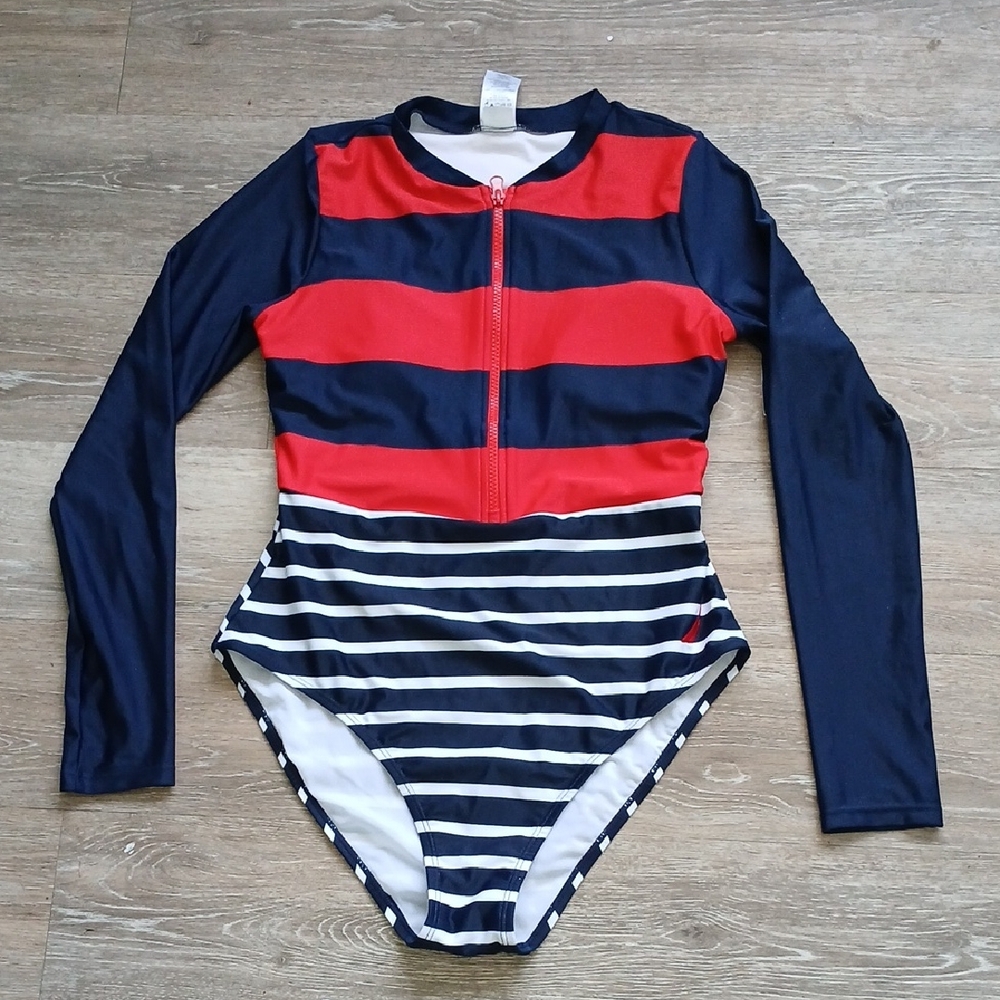 NWT: Nautica Navy and Red Zippered Swimsuit